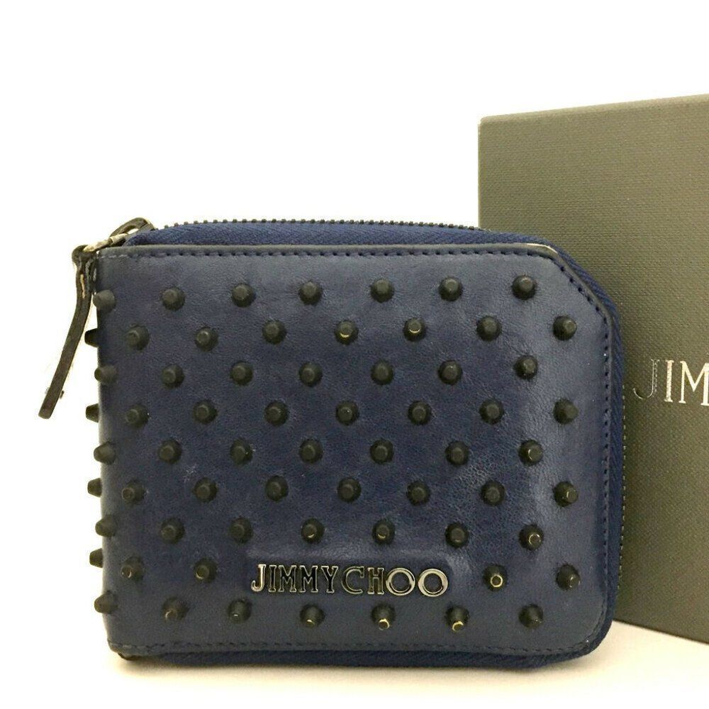 Genuine Jimmy Choo Studs Navy Blue Leather Zip Around Wallet w/ Box